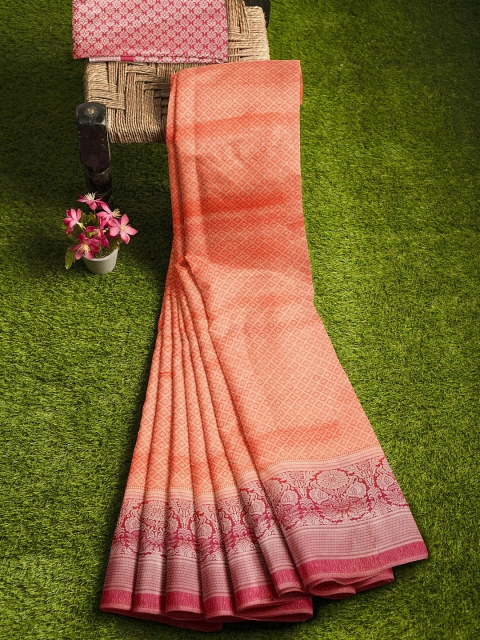 

KLM Fashion Mall Orange & Pink Woven Design Zari Silk Blend Banarasi Saree