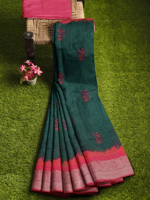 

KLM Fashion Mall Green & Red Floral Silk Blend Saree