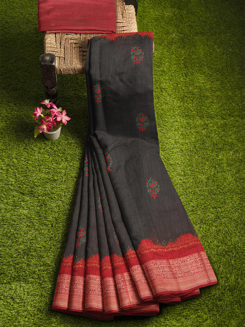 

KLM Fashion Mall Black & Red Floral Zari Silk Blend Saree