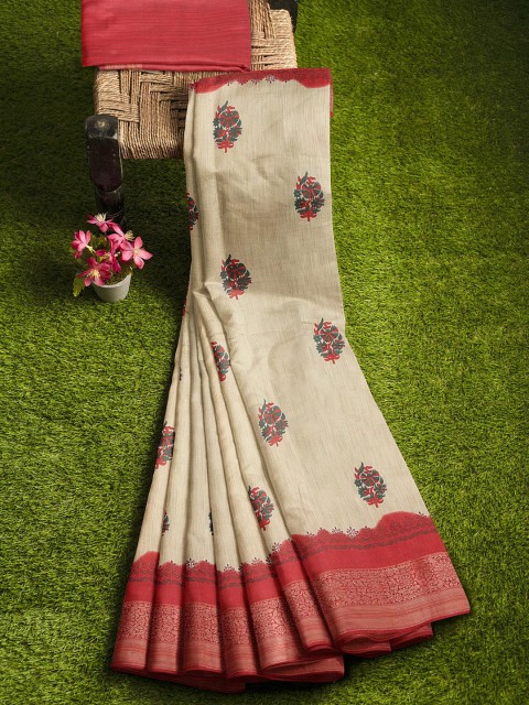 

KLM Fashion Mall Cream-Coloured & Red Ethnic Motifs Silk Blend Saree