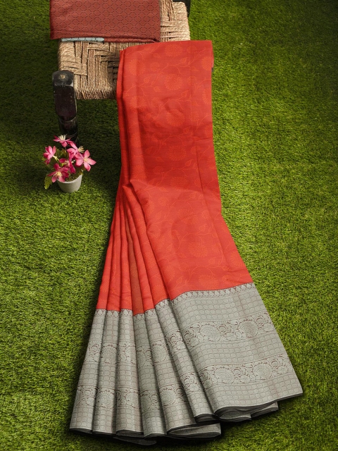 

KLM Fashion Mall Red & Silver-Toned Woven Design Zari Silk Blend Banarasi Saree