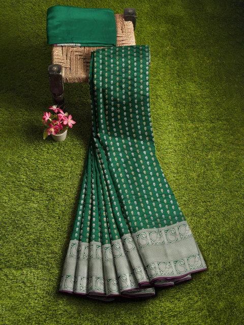 

KLM Fashion Mall Green & Silver-Toned Woven Design Zari Silk Blend Banarasi Saree