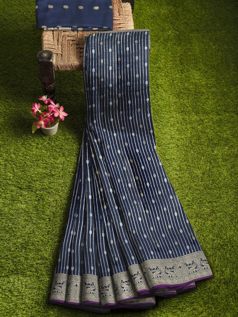 

KLM Fashion Mall Navy Blue & Silver-Toned Woven Design Silk Blend Banarasi Saree