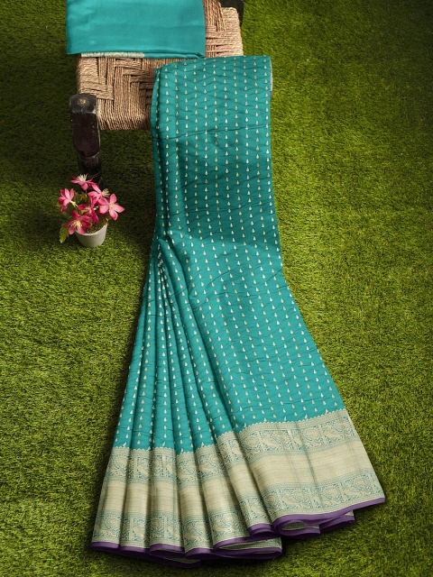 

KLM Fashion Mall Teal & Grey Woven Design Zari Silk Blend Banarasi Saree