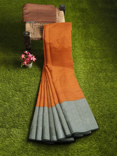 

KLM Fashion Mall Orange & Grey Woven Design Silk Blend Banarasi Saree