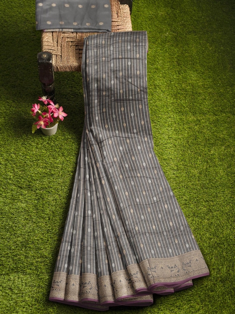 

KLM Fashion Mall Grey & Purple Woven Design Silk Blend Banarasi Saree