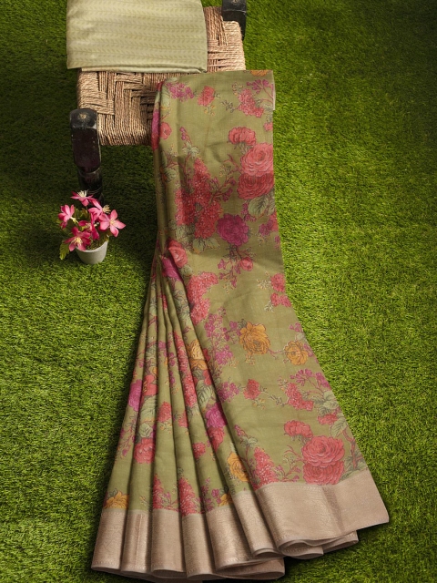 

KLM Fashion Mall Olive Green & Pink Floral Printed Silk Blend Banarasi Saree