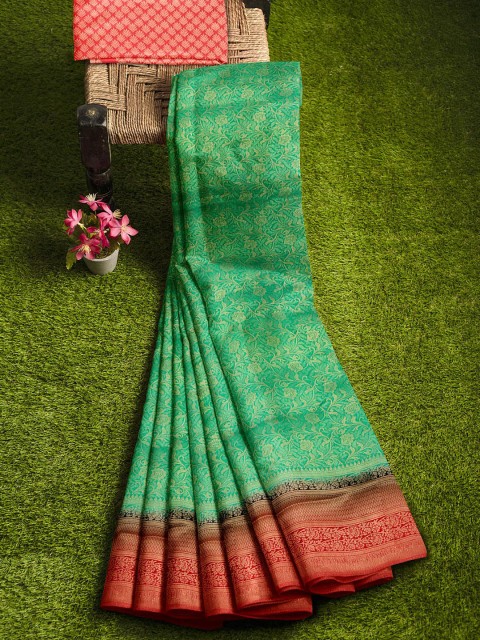 

KLM Fashion Mall Green & Red Floral Silk Blend Banarasi Saree
