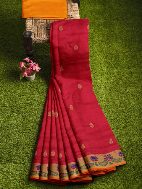 

KLM Fashion Mall Maroon & Violet Floral Silk Blend Banarasi Saree