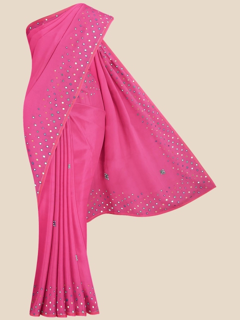 

KLM Fashion Mall Pink & Blue Embellished Mirror Work Silk Blend Saree