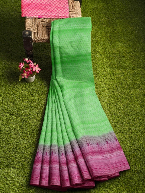 

KLM Fashion Mall Green & Pink Woven Design Zari Silk Blend Banarasi Saree