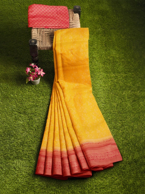 

KLM Fashion Mall Yellow & Red Woven Design Zari Silk Blend Banarasi Saree