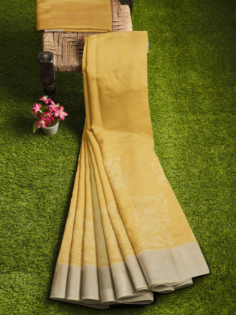 

KLM Fashion Mall Yellow & Silver-Toned Floral Zari Silk Blend Saree