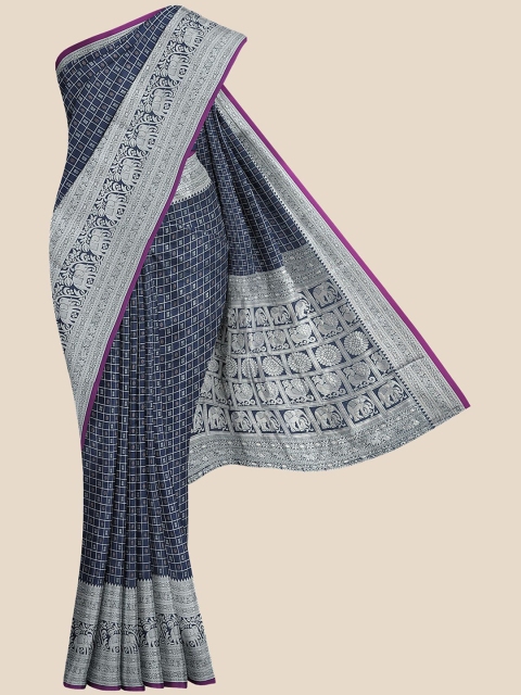 

KLM Fashion Mall Navy Blue & Silver-Toned Checked Zari Silk Blend Banarasi Saree