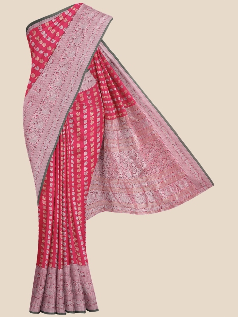 

KLM Fashion Mall Pink & Silver-Toned Ethnic Motifs Zari Silk Blend Banarasi Saree