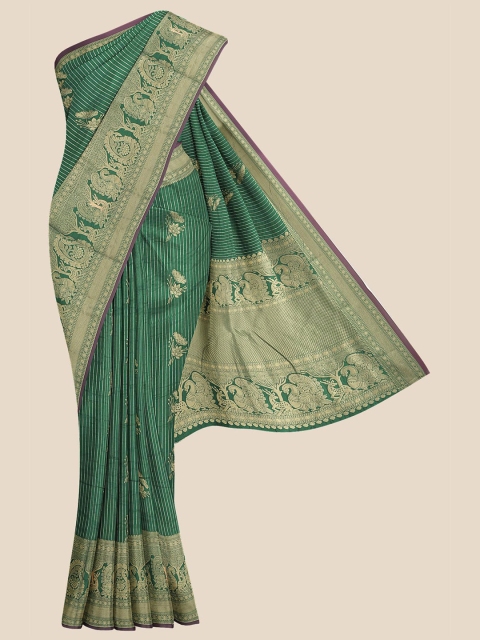 

KLM Fashion Mall Green & Gold-Toned Ethnic Motifs Zari Silk Blend Banarasi Saree