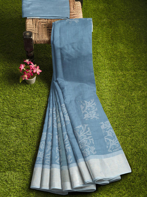 

KLM Fashion Mall Blue & White Floral Zari Silk Blend Saree