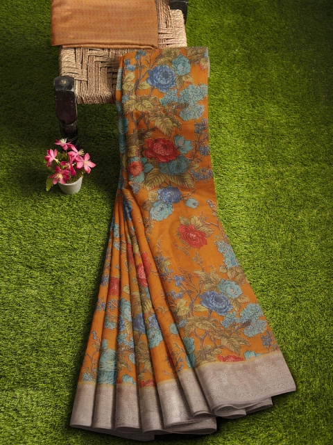 

KLM Fashion Mall Mustard & Blue Floral Zari Silk Blend Banarasi Saree