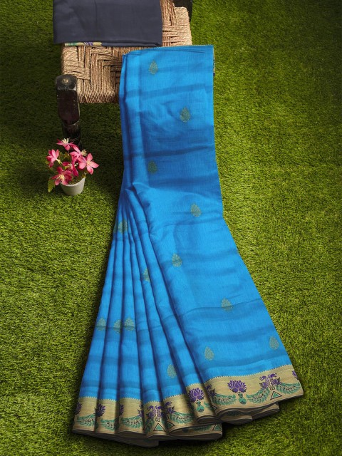 

KLM Fashion Mall Blue & Gold-Toned Ethnic Motifs Zari Silk Blend Banarasi Saree