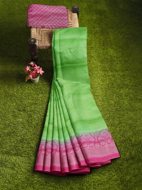 

KLM Fashion Mall Green & Pink Checked Zari Silk Blend Banarasi Saree