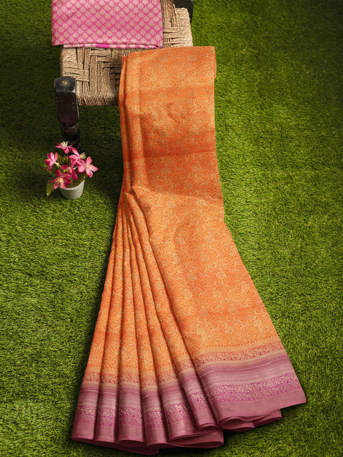 

KLM Fashion Mall Orange & Purple Floral Zari Silk Blend Banarasi Saree