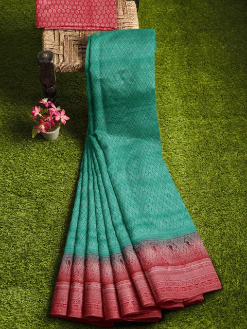 

KLM Fashion Mall Green & Red Zari Silk Blend Banarasi Saree