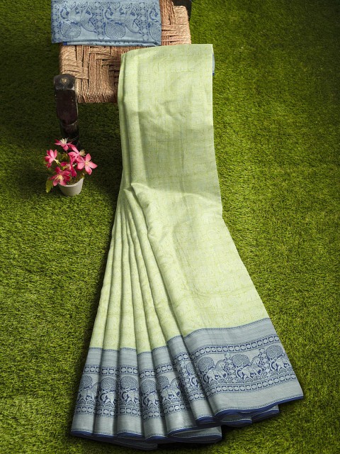 

KLM Fashion Mall Yellow & Blue Ethnic Motifs Zari Silk Blend Banarasi Saree