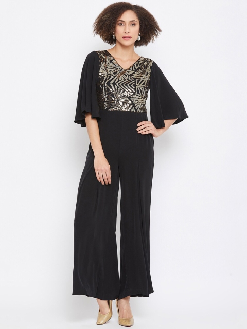 

Madame Women Black Self Design Basic Jumpsuit With Ruffles