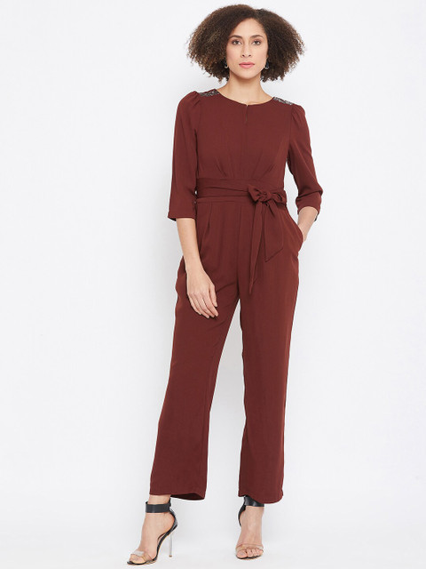 

Madame Women Brown Solid Basic Jumpsuit With Wait Tie-Ups