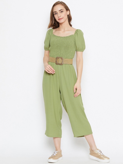 

Madame Women Green Solid Capri Jumpsuit With Waist Tie-Ups
