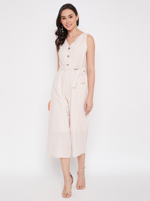 

Madame Women Beige & White Striped Capri Jumpsuits With Waist Tie-Ups