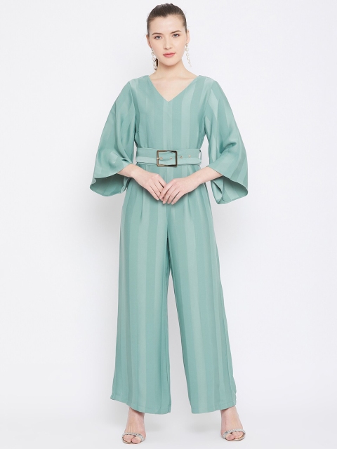 

Madame Women Turquoise Blue Striped Basic Jumpsuit With Waist Tie-Ups