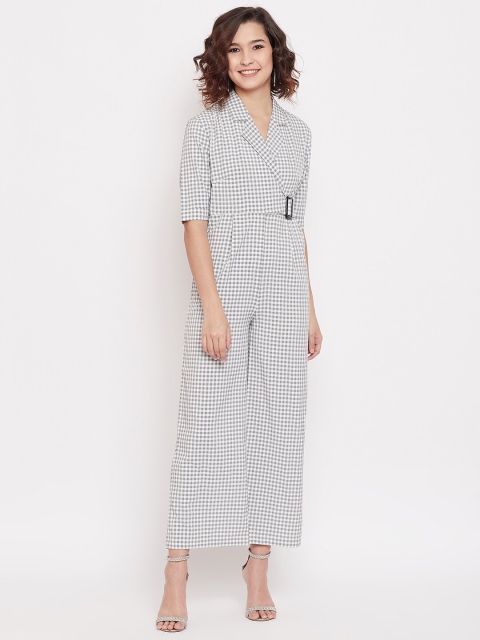 

Madame Women White & Black Checked Basic Jumpsuit With Waist Tie-Ups