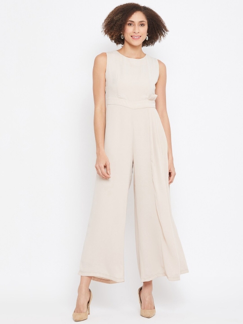 

Madame Women Beige Solid Basic Jumpsuit With Gathers Detailing