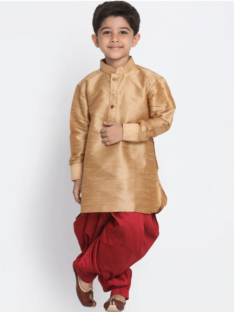 

VASTRAMAY Boys Gold and Maroon Silk Blend Kurta and Dhoti Set