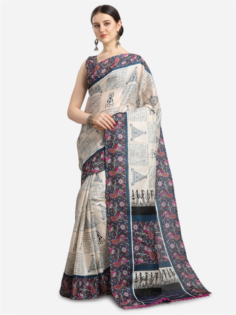 

KALINI Women Grey & Off White Kalamkari Printed Art Silk Saree