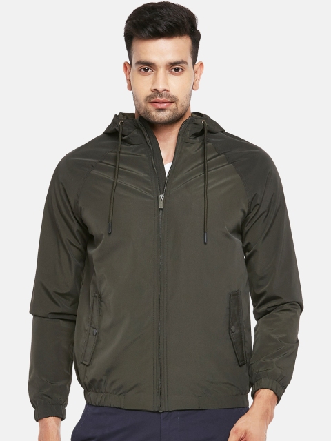 

BYFORD by Pantaloons Men Olive Green Solid Hooded Bomber Jacket