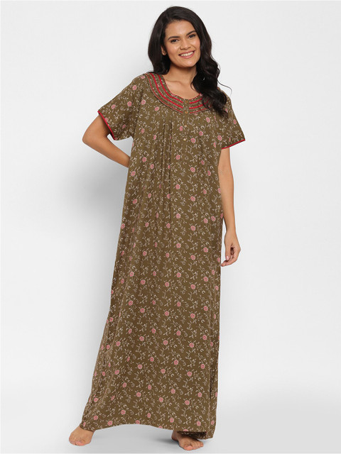 

Sweet Dreams Women Olive Green Printed Maxi Nightdress