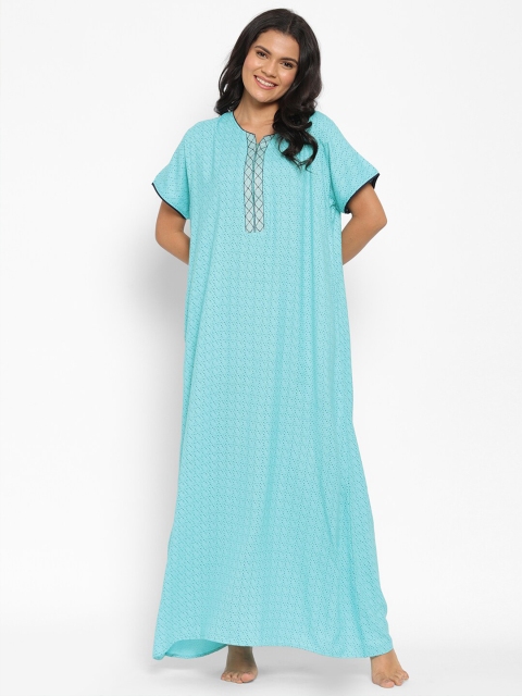 

Sweet Dreams Women Blue Printed Maxi Nightdress, Turquoise blue