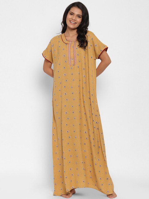 

Sweet Dreams Women Mustard Printed Maxi Nightdress