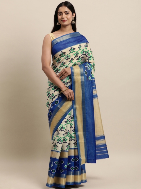

KALINI Cream-Coloured & Blue Silk Cotton Saree