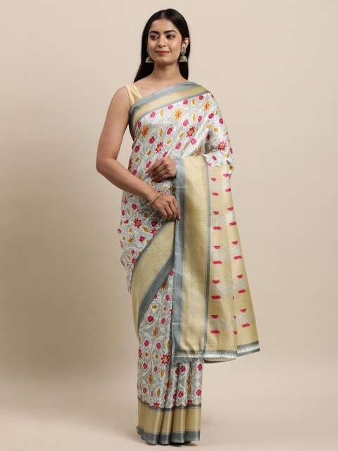

KALINI Grey & Pink Floral Silk Blend Khadi Saree