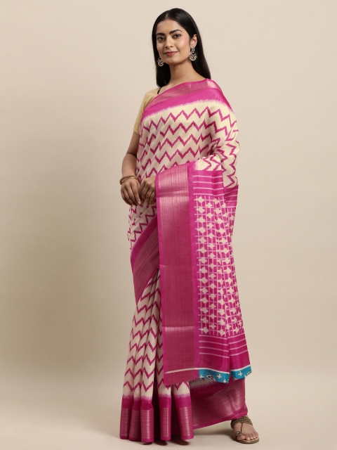 

KALINI Pink & Cream-Coloured Floral Silk Cotton Saree