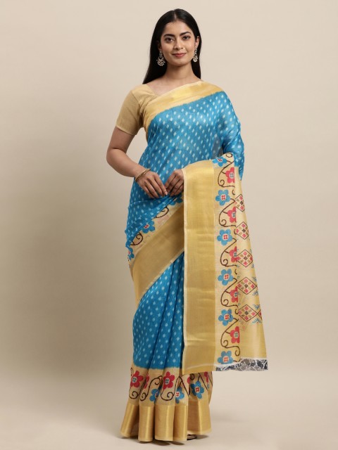 

KALINI Turquoise Blue & Gold-Toned Silk Cotton Saree