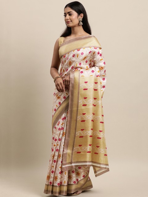 

KALINI Beige & Pink Zardozi Silk Blend Khadi Saree