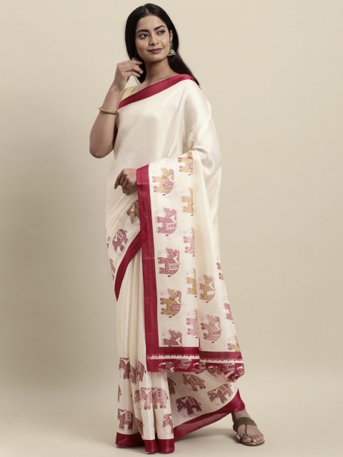 

KALINI Cream-Coloured & Red Silk Blend Khadi Saree