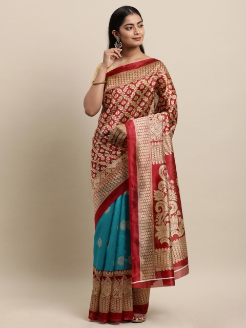 

KALINI Blue & Red Woven Design Zardozi Art Silk Saree