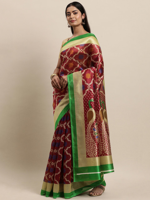 

KALINI Red & Brown Woven Design Zardozi Art Silk Saree