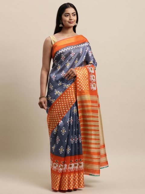 

KALINI Grey & Orange Zardozi Silk Cotton Saree