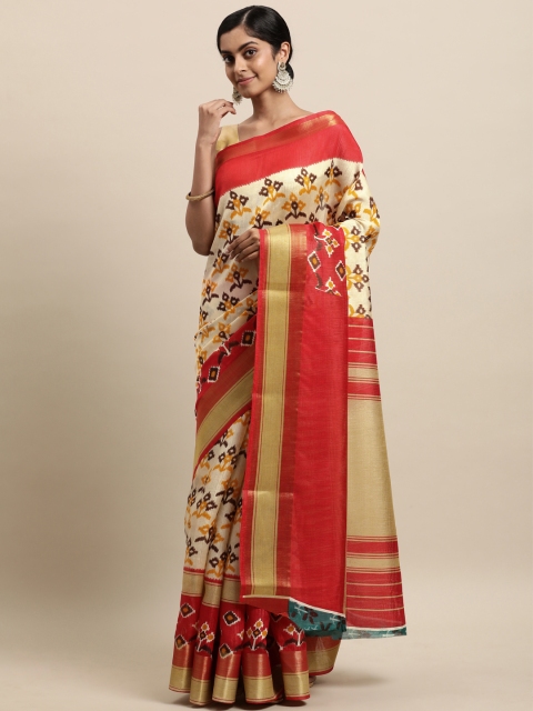 

KALINI Cream-Coloured & Red Zardozi Silk Cotton Saree